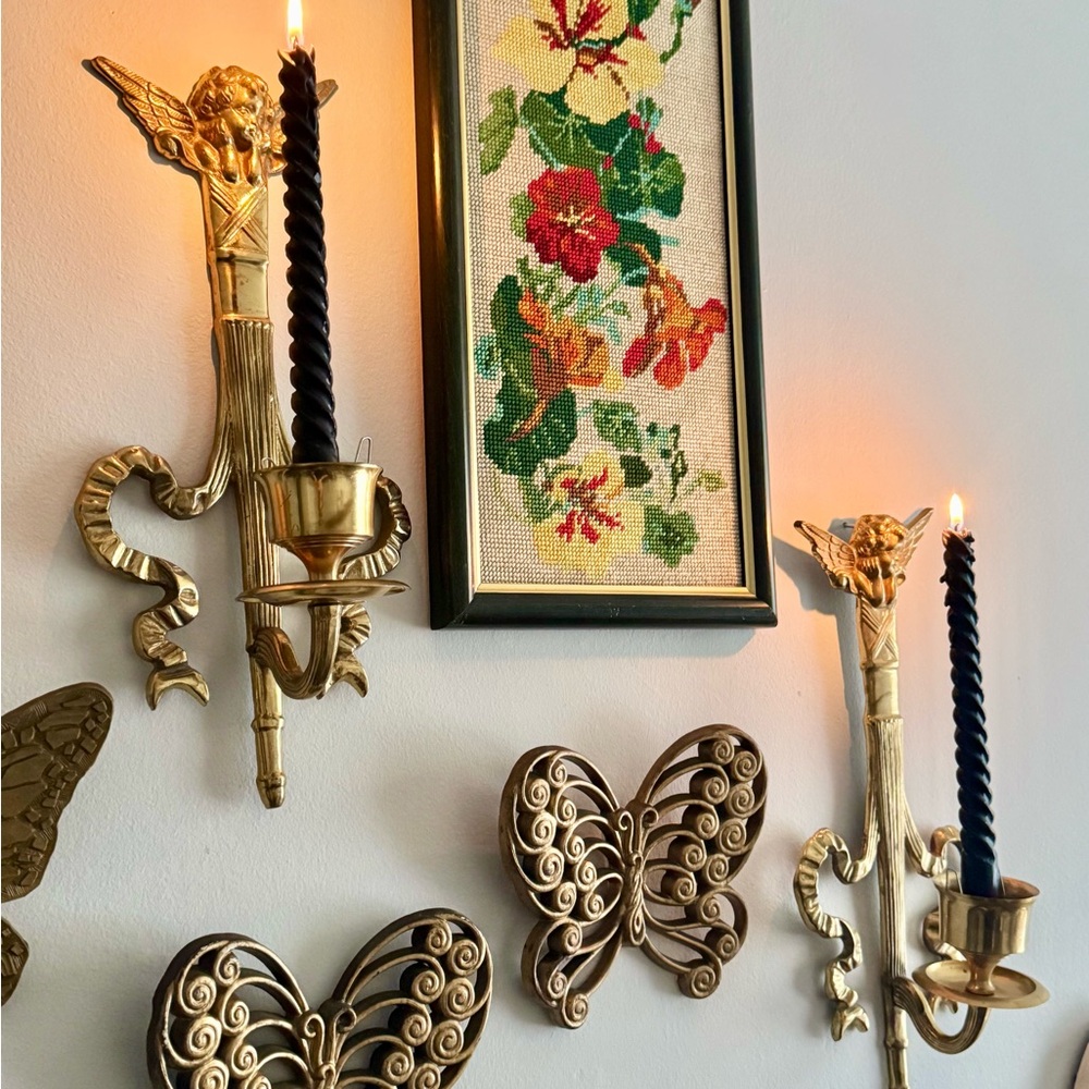 Pair of 1960’s Solid Brass Cherub Wall Sconces – MCM Hollywood Regency